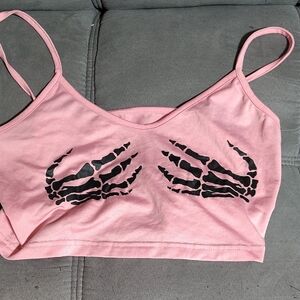 Pink Crop Top with Black Skeleton Print